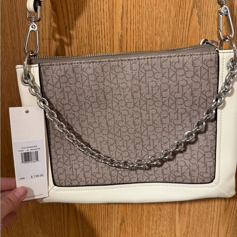Calvin Klein Monogrammed Gray and Cream Shoulder Bag
